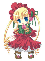 Rule 34 | 1girl, :d, blonde hair, blue eyes, bonnet, bow, bowtie, brown footwear, capelet, chibi, commentary request, dress, drill hair, drill sidelocks, flower, flower brooch, footwear flower, frilled capelet, frilled dress, frilled sleeves, frills, full body, green bow, green bowtie, lolita fashion, long hair, long sleeves, looking at viewer, medium bangs, morinaga hinase, open mouth, pantyhose, pink flower, pink rose, red capelet, red dress, red headwear, rose, rozen maiden, shinku, shoes, sidelocks, simple background, smile, solo, standing, twintails, very long hair, white background, white pantyhose