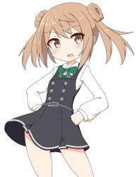 Rule 34 | 1girl, black dress, blush, bow, brown eyes, collared shirt, commentary request, double bun, dress, dress shirt, green bow, hair between eyes, hair bun, hands up, highres, ichi (ichi.colors), kantai collection, light brown hair, long sleeves, looking at viewer, michishio (kancolle), michishio kai ni (kancolle), open mouth, pinafore dress, pleated dress, shirt, side bun, simple background, sleeveless, sleeveless dress, solo, twintails, white background, white shirt
