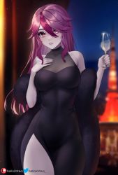 Rule 34 | 1girl, alcohol, alternate costume, alternate hair length, alternate hairstyle, artist name, backlighting, bare shoulders, black dress, blurry, blurry background, blush, breasts, collarbone, covered navel, cowboy shot, cup, depth of field, dress, drinking glass, evening gown, fur shawl, genshin impact, grey lips, hair between eyes, hand on own chest, helloimtea, highres, holding, holding cup, large breasts, long hair, multicolored hair, night, no panties, parted lips, patreon logo, patreon username, pelvic curtain, purple eyes, purple hair, rosaria (genshin impact), shawl, sleeveless, sleeveless dress, smile, solo, streaked hair, twitter logo, twitter username