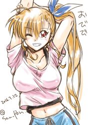 Rule 34 | 10s, 1girl, 2016, arm behind head, arm up, blonde hair, blush, breasts, dated, grin, large breasts, long hair, looking at viewer, lyrical nanoha, mahou shoujo lyrical nanoha vivid, aged up, one eye closed, red eyes, san-pon, side ponytail, smile, solo, translation request, twitter username, vivio