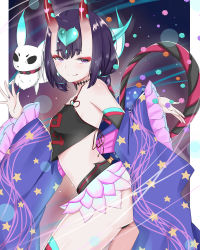 Rule 34 | 1girl, ass, blush, chinese clothes, closed mouth, commentary request, creature, detached sleeves, dudou, eyeshadow, fate/grand order, fate (series), hands up, headpiece, heart, highres, horns, licking lips, long hair, long sleeves, looking at viewer, looking to the side, makeup, oni, purple eyes, purple hair, purple sleeves, short eyebrows, shuten douji (fate), shuten douji (fate/grand order), shuten douji (halloween caster) (fate), sidelocks, skin-covered horns, sleeves past wrists, smile, solo, star (symbol), star print, swon (joy200892), thick eyebrows, tongue, tongue out, wide sleeves