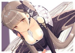 Rule 34 | 1girl, all fours, azur lane, between breasts, black ribbon, blunt bangs, breasts, cleavage, closed mouth, collarbone, dress, formidable (azur lane), hair ribbon, large breasts, long hair, looking at viewer, nail polish, oz ma33, red eyes, ribbon, signature, smile, solo, twintails, two-tone ribbon, very long hair, white ribbon