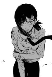 Rule 34 | 1girl, black hair, black necktie, black pants, blood, blood on clothes, breasts, chainsaw man, clutching shoulder, collared shirt, cowboy shot, floating neckwear, greyscale, hair ornament, hairpin, heavy breathing, higashiyama kobeni, highres, injury, long sleeves, looking to the side, medium breasts, medium hair, mole, mole under eye, mole under mouth, monochrome, necktie, open mouth, pants, shirt, short hair, simple background, small breasts, solo, sweat, white background, white shirt, yokoyari mengo