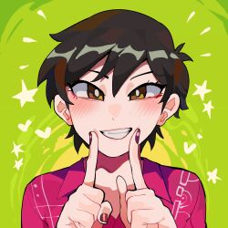 Rule 34 | 1girl, absurdres, blush, brown eyes, brown hair, collared shirt, diforland, green background, grin, heart, highres, looking at viewer, original, pink shirt, portrait, red nails, riko ahry, shirt, short hair, smile, solo, star (symbol), teeth