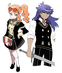 1boy 1girl alternate_costume black_dress black_footwear black_pants black_vest book bright_pupils buttons closed_mouth collared_shirt commentary_request creatures_(company) dark-skinned_male dark_skin dede_(qwea_00000) dress eyewear_on_head facial_hair fire_emblem fire_emblem:_three_houses game_freak garreg_mach_monastery_uniform green_eyes hair_ornament heart heart_hair_ornament highres holding holding_book holding_sword holding_weapon kneehighs korean_commentary leon_(pokemon) long_hair long_sleeves nintendo orange_hair pants pokemon pokemon_swsh purple_hair shirt shoes side_ponytail smile socks sonia_(pokemon) standing sunglasses sword vest weapon white_pupils white_shirt white_socks yellow_eyes