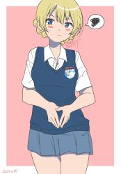 Rule 34 | 1girl, artist name, blonde hair, blue eyes, blue skirt, blue sweater, blush, braid, closed mouth, commentary, cowboy shot, darjeeling (girls und panzer), dated, dress shirt, emblem, frown, girls und panzer, highres, looking at viewer, miniskirt, one-hour drawing challenge, outside border, own hands together, pink background, pleated skirt, school uniform, shirt, short hair, signature, skirt, solo, spoken squiggle, squiggle, st. gloriana&#039;s (emblem), st. gloriana&#039;s school uniform, standing, summer uniform, sweatdrop, sweater, sweater vest, swept bangs, thighs, twin braids, twitter username, v-neck, white shirt, wing collar, zono (inokura syuzo029)