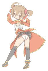 Rule 34 | 10s, 1girl, ass, bad id, bad pixiv id, blade (galaxist), blush, brown eyes, brown hair, flat ass, gloves, looking back, panties, pantyshot, short twintails, silica, simple background, solo, sword art online, twintails, underwear, upskirt, white background, white panties