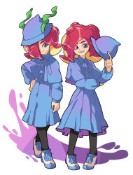 Rule 34 | 2girls, black legwear, blue dress, blue hat, capelet, closed mouth, cosplay, dress, full body, gomipomi, green eyes, hand on own hip, harry potter (series), hat, holding, kelp, looking at viewer, multiple girls, nintendo, open mouth, pantyhose, red hair, school uniform, shoes, smile, splatoon (series), splatoon 1, standing, takozonesu, tentacle hair, white background, white footwear, witch hat, wizarding world
