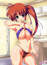 Rule 34 | 00s, 1girl, aged up, armpits, bandeau, bare shoulders, black panties, blue eyes, breasts, brown hair, covered erect nipples, curvy, g-string, huge breasts, johnny (from scratch), lace, lace-trimmed panties, lace trim, large breasts, lyrical nanoha, mahou shoujo lyrical nanoha, navel, nipple slip, nipples, panties, ponytail, shiny skin, side ponytail, skindentation, smile, solo, takamachi nanoha, thong, underwear