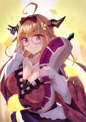 Rule 34 | 1girl, absurdres, adjusting eyewear, ahoge, anal tail, asacoco, bare shoulders, blonde hair, blush, bow, breasts, butt plug, cleavage, collarbone, dragon girl, dragon horns, dragon tail, fake tail, falling leaves, fang, ginkgo tree, glasses, hair ribbon, highres, holding, hololive, horn bow, horn ornament, horns, japanese clothes, kimono, kiryu coco, large breasts, leaf, long hair, long sleeves, looking at viewer, multicolored hair, off shoulder, official alternate costume, orange hair, pointy ears, purple eyes, ribbon, round eyewear, scales, sex toy, skin fang, smile, solo, sora shitatoge, streaked hair, striped, striped bow, tail, upper body, virtual youtuber, yellow leaves