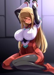 Rule 34 | 1girl, arms up, black gloves, blonde hair, blush, bodysuit, bound, bound wrists, breasts, closed eyes, covered navel, full body, gloves, highres, hiiragi akao, indoors, jinki, kneeling, large breasts, long hair, open mouth, pilot suit, red bodysuit, red footwear, restrained, shiny clothes, shoes, skin tight, solo, steam erobou, thighs