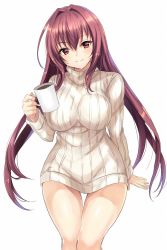 Rule 34 | 1girl, blush, breasts, coffee mug, cup, fate/grand order, fate (series), hair between eyes, harimoji, highres, hip focus, holding, holding cup, large breasts, legs, long hair, looking at viewer, mug, purple hair, red eyes, ribbed sweater, scathach (fate), simple background, smile, solo, sweater, thighs, turtleneck, turtleneck sweater, white background