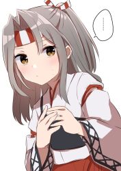 Rule 34 | ..., 1girl, brown eyes, commentary request, grey hair, hachimaki, hakama, headband, high ponytail, highres, japanese clothes, kantai collection, long hair, looking at viewer, muneate, red hakama, shirasumato, simple background, solo, spoken ellipsis, striped headband, translation request, upper body, white background, wide sleeves, zuihou (kancolle)