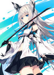 Rule 34 | 1girl, akanagi youto, ass, azur lane, bare shoulders, black gloves, black skirt, black thighhighs, blue background, blue eyes, blue neckwear, breasts, commentary request, cowboy shot, detached sleeves, gloves, hair between eyes, highres, holding, holding sword, holding weapon, katana, kawakaze (azur lane), long hair, long sleeves, looking at viewer, medium breasts, pleated skirt, pointy hair, ribbon-trimmed sleeves, ribbon trim, sailor collar, sailor shirt, shirt, sidelocks, silver hair, skirt, solo, standing, sword, thighhighs, thighs, twisted torso, two-tone background, very long hair, weapon, white background, white shirt, wide sleeves