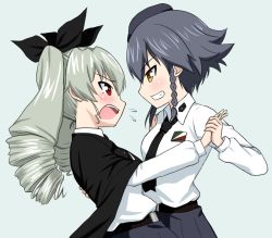Rule 34 | 10s, 2girls, :d, anchovy (girls und panzer), belt, beret, black hair, black necktie, black ribbon, black skirt, blue background, blush, braid, breasts, brown eyes, cape, dress shirt, drill hair, embarrassed, emblem, fang, girls und panzer, green hair, hair ornament, hair ribbon, hand on another&#039;s back, hand on another&#039;s shoulder, hat, holding, holding hands, leaning back, long hair, long sleeves, looking at another, multiple girls, necktie, open mouth, pepperoni (girls und panzer), pleated skirt, red eyes, ribbon, ruka (piyopiyopu), saliva, school uniform, shirt, short hair, side braid, simple background, skirt, smile, twin drills, twintails, white shirt, yuri