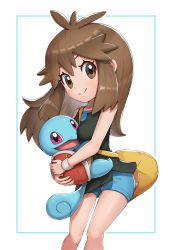 Rule 34 | 1girl, bag, between breasts, black shirt, blue shorts, breasts, brown eyes, brown hair, closed mouth, commentary request, creatures (company), eyelashes, framed, game freak, gen 1 pokemon, gonzarez, green (pokemon), hair flaps, highres, holding, holding pokemon, knees, long hair, nintendo, pokemon, pokemon (creature), pokemon lgpe, shiny skin, shirt, short shorts, shorts, shoulder bag, sidelocks, sleeveless, sleeveless shirt, smile, squirtle, strap between breasts, white background, wristband, yellow bag