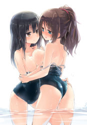 Rule 34 | 2girls, ass, asymmetrical docking, back, bare shoulders, black hair, blue eyes, blue one-piece swimsuit, blush, breast press, breasts, brown eyes, brown hair, closed mouth, clothes pull, collarbone, highres, homura subaru, large breasts, long hair, looking at another, multiple girls, nose blush, one-piece swimsuit, one-piece swimsuit pull, original, parted lips, ponytail, school swimsuit, sidelocks, swimsuit, thighs, wading, water, wedgie, wet, yuri