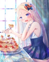 Rule 34 | 1girl, abigail williams (fate), backlighting, bare shoulders, black bow, black skirt, blonde hair, blue eyes, blush, bow, breasts, cup, eating, fate/grand order, fate (series), food, forehead, fork, fruit, hair bow, high-waist skirt, highres, kinom (sculpturesky), long hair, looking at viewer, multiple hair bows, open mouth, orange bow, pancake, parted bangs, plate, skirt, small breasts, smile, solo, strawberry, teacup, teapot, window
