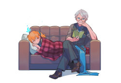 Rule 34 | 1boy, 1girl, black pants, black vest, blanket, blue butterfly, blue eyes, blue scrunchie, book, brown footwear, bug, butterfly, closed eyes, collared shirt, couch, crossed legs, facial hair, fate/grand order, fate (series), fujimaru ritsuka (female), grey hair, grey shirt, highres, holding, holding book, insect, james moriarty (archer) (fate), matching outfits, mustache, neck, old, old man, one side up, oneroom-disco, orange hair, pants, pillow, plaid blanket, polka dot necktie, reading, scrunchie, shirt, short hair, simple background, sleeping, vest, white background