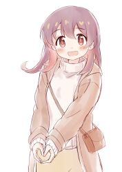 Rule 34 | 1girl, :d, bag, blush, brown eyes, brown hair, brown jacket, colored inner hair, commentary, free palet, hair down, highres, jacket, long hair, long sleeves, looking at viewer, multicolored hair, murosaki miyo, onii-chan wa oshimai!, open clothes, open jacket, open mouth, own hands together, red hair, shoulder bag, simple background, skirt, smile, solo, sweater, turtleneck, turtleneck sweater, two-tone hair, white background, white sweater, yellow skirt