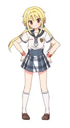 Rule 34 | 1girl, blonde hair, blue necktie, blue sailor collar, blue skirt, blush, breast pocket, brown footwear, buttons, chuo academy school uniform, dot nose, full body, gingham skirt, hair between eyes, hair bobbles, hair ornament, hands on own hips, head tilt, kneehighs, loafers, looking at viewer, low twintails, magia record: mahou shoujo madoka magica gaiden, mahou shoujo madoka magica, miniskirt, mitsuki felicia, necktie, pleated skirt, pocket, purple eyes, ruru (rurumagi), sailor collar, school emblem, school uniform, serafuku, shirt, shoes, short necktie, short sleeves, sidelocks, simple background, skirt, smile, socks, solo, split mouth, standing, sweatband, transparent background, twintails, v-shaped eyebrows, white shirt, white socks