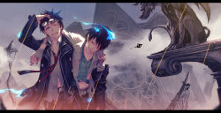 Rule 34 | 2boys, ao no exorcist, bandages, belt, black hair, blood, brothers, glasses, highres, letterboxed, monq, multiple boys, necktie, okumura rin, okumura yukio, one eye closed, pants, pointy ears, short hair, siblings, smile, statue, striped necktie, striped neckwear, torn clothes, wink
