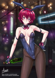 Rule 34 | 1girl, adsouto, akatsuki no yona, arm strap, bottle, breasts, champagne bottle, contrapposto, cup, detached collar, drinking glass, fingerless gloves, gloves, hand on own hip, highleg, highleg leotard, highres, holding, holding bottle, leotard, looking at viewer, medium breasts, neon lights, pantyhose, partially fingerless gloves, purple eyes, red hair, shiny skin, short hair, signature, smile, solo, wine glass, yona (akatsuki no yona)