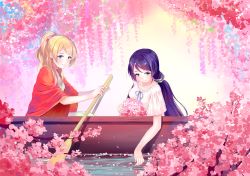 Rule 34 | 10s, 2girls, ayase eli, blonde hair, blue eyes, blue ribbon, boat, bow, closed mouth, flower, hair bow, highres, holding, inuko (redconstellation), lace trim, long hair, looking at viewer, looking down, love live!, love live! school idol festival, love live! school idol project, low twintails, md5 mismatch, multiple girls, paddle, pink bow, pink flower, ponytail, purple hair, ribbon, scrunchie, shawl, short sleeves, sitting, smile, swept bangs, tojo nozomi, twintails, water, watercraft, wide sleeves, wisteria