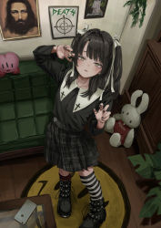Rule 34 | 1girl, absurdres, asymmetrical legwear, black footwear, black hair, black nails, black shirt, black skirt, boots, commentary, couch, cross, ear piercing, english commentary, from above, gishiki (gshk), hair ribbon, highres, indoors, long hair, long sleeves, looking at viewer, mismatched legwear, nail polish, original, parted lips, piercing, plaid, plaid skirt, ribbon, shirt, skirt, socks, solo, standing, striped clothes, striped legwear, striped socks, stuffed animal, stuffed toy, two side up, white ribbon, yellow eyes