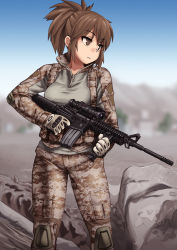 Rule 34 | 1girl, assault rifle, bad id, bad pixiv id, blurry, blurry background, breasts, brown eyes, brown hair, camouflage, closed mouth, collarbone, female focus, female soldier, foregrip, gloves, gun, havockr, holding, holding gun, holding weapon, looking to the side, m4 carbine, md5 mismatch, military, no pupils, original, outdoors, ponytail, resolution mismatch, rifle, short hair, solo, standing, usmc, weapon