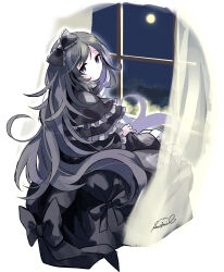 Rule 34 | 1girl, absurdres, black dress, black eyes, black hair, bow, comic, curtains, dress, duel monster, frilled bow, frilled dress, frills, full moon, ghost belle &amp; haunted mansion, hair bow, highres, long hair, looking at viewer, moon, seatail, signature, solo, window, yu-gi-oh!