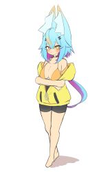 Rule 34 | 1girl, absurdres, animal ear fluff, animal ears, bare shoulders, barefoot, bike shorts, bikini, bikini top only, bikini under clothes, black shorts, blue hair, blush, breasts, cleavage, closed mouth, commentary request, full body, hair between eyes, hair ornament, hairclip, highres, hood, hood down, hooded jacket, idaten93, jacket, large breasts, long hair, looking at viewer, multicolored hair, off shoulder, open clothes, open jacket, orange bikini, original, purple hair, shadow, short shorts, shorts, simple background, solo, standing, swimsuit, two-tone hair, very long hair, white background, yellow eyes, yellow jacket