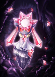Rule 34 | cave, closed mouth, colored sclera, creatures (company), crystal, diancie, full body, game freak, gem, gen 6 pokemon, glowing, highres, jacy, legendary pokemon, looking at viewer, mythical pokemon, nintendo, no humans, pink eyes, pokemon, pokemon (creature), red sclera, rock, smile, solo, v arms
