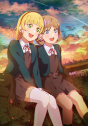 Rule 34 | 2girls, absurdres, al aoi aoba, blonde hair, blue eyes, blue jacket, blunt bangs, chromatic aberration, collared shirt, commentary request, dress, green eyes, grey dress, hairband, heanna sumire, highres, jacket, light blush, light brown hair, long sleeves, looking afar, looking up, love live!, love live! superstar!!, multiple girls, neck ribbon, open clothes, open jacket, open mouth, orange hairband, pinafore dress, red ribbon, ribbon, school uniform, shirt, sitting, sleeveless dress, smile, sunset, tang keke, teeth, thighhighs, upper teeth only, white shirt, white thighhighs, yuigaoka school uniform, zettai ryouiki