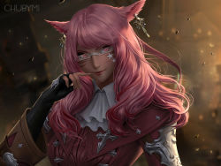 Rule 34 | 1girl, animal ears, artist name, blurry, blurry background, cat ears, chuby mi, earrings, facial mark, final fantasy, final fantasy xiv, fingerless gloves, gloves, jewelry, lips, long hair, looking at viewer, miqo&#039;te, pink eyes, pink hair, portrait, realistic, rimless eyewear, slit pupils, smile, solo