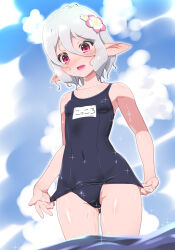 Rule 34 | 1girl, adjusting clothes, adjusting swimsuit, antenna hair, blue one-piece swimsuit, blue sky, blush, breasts, cloud, cloudy sky, commentary, covered navel, cowboy shot, crotch seam, day, elf, flower, frown, grey hair, hair flower, hair ornament, kohsaka jun, kokkoro (princess connect!), looking at viewer, name tag, old school swimsuit, one-piece swimsuit, open mouth, outdoors, pink flower, pointy ears, princess connect!, purple eyes, school swimsuit, short hair, sky, small breasts, solo, sparkle, standing, swimsuit, wading, water, wet