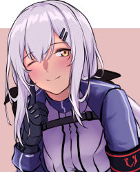 Rule 34 | 1girl, 3 small spiders, black gloves, blush, breasts, closed mouth, finger to face, girls&#039; frontline, gloves, hair ornament, hairclip, long hair, looking at viewer, m590 (girls&#039; frontline), medium breasts, one eye closed, orange eyes, shirt, silver hair, simple background, smile, solo focus, upper body, white shirt