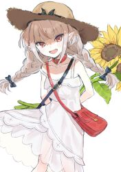 Rule 34 | 1girl, absurdres, arms behind back, bag, braid, collar, dress, fangs, flower, hat, highres, holding, holding flower, light brown hair, long hair, looking at viewer, makaino ririmu, makaino ririmu (3rd costume), multicolored hair, nijisanji, nrnroooo, open mouth, pink eyes, pointy ears, red bag, red collar, solo, straw hat, streaked hair, sundress, sunflower, twin braids, virtual youtuber, white dress