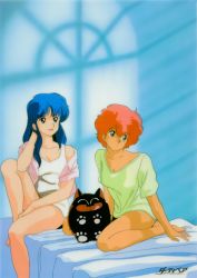 Rule 34 | 1980s (style), 2girls, barefoot, blue eyes, blue hair, dirty pair, hand to head, kei (dirty pair), knee up, logo, long hair, mughi, multiple girls, non-web source, off shoulder, official art, oldschool, on bed, open mouth, red eyes, red hair, retro artstyle, short hair, short sleeves, sitting, wariza, yuri (dirty pair)