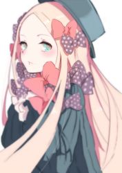Rule 34 | 1girl, abigail williams (fate), black bow, black dress, black hat, blonde hair, blue eyes, blurry, blush, bow, closed mouth, commentary request, dress, fate/grand order, fate (series), forehead, hair bow, hands up, hat, highres, long hair, long sleeves, looking at viewer, orange bow, parted bangs, polka dot, polka dot bow, shiro-inu, simple background, sleeves past fingers, sleeves past wrists, solo, upper body, very long hair, white background