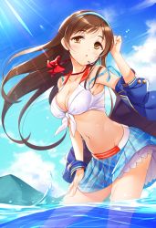 Rule 34 | 1girl, :o, arm up, armpits, bare shoulders, bikini, bikini top only, blue jacket, blue skirt, blue sky, blush, bow, bowtie, breasts, brown eyes, brown hair, chiro (norishiro michiro), cleavage, cloud, collarbone, commentary request, contrapposto, cowboy shot, day, floating hair, front-tie bikini top, front-tie top, hairband, hand on own head, hand on own thigh, head tilt, headset, highres, idolmaster, idolmaster cinderella girls, jacket, leaning forward, light rays, long hair, long sleeves, looking at viewer, loose bowtie, medium breasts, mountainous horizon, navel, nitta minami, open clothes, open jacket, open mouth, outdoors, plaid, plaid skirt, print skirt, red bow, red bowtie, skirt, sky, solo, sunbeam, sunlight, swimsuit, thighs, two-tone hairband, wading, water, white bikini, wind