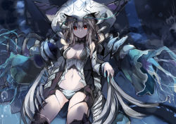 Rule 34 | 1girl, absurdres, breasts, cleavage, detached sleeves, highres, jellyfish, long hair, looking at viewer, navel, original, personification, red eyes, silver hair, solo, thighhighs, yoshizawa tsubaki