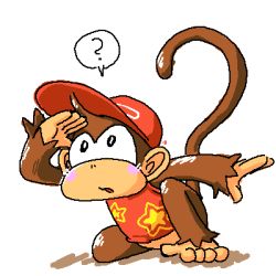 Rule 34 | 1boy, :o, barefoot, blush, diddy kong, donkey kong (series), donkey kong country, feet, hat, lowres, male focus, minuspal, monkey, nintendo, signature, simple background, solo, tail, toes