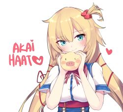 Rule 34 | 1girl, akai haato, akai haato (1st costume), aqua eyes, blonde hair, blue skirt, breasts, buttons, character name, closed mouth, collared shirt, commentary, haaton (akai haato), hair ribbon, head tilt, heart, high-waist skirt, highres, hololive, large breasts, looking at viewer, lyrinne, neck ribbon, one side up, red ribbon, ribbon, shirt, short sleeves, sidelocks, simple background, skirt, smile, solo, stuffed animal, stuffed toy, twintails, virtual youtuber, white background