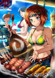 Rule 34 | 3girls, :d, :q, ^ ^, bare shoulders, beach, bikini, bikini top only, bird, blue eyes, blue sky, breasts, brown hair, cleavage, closed eyes, cooking, corn, corn cob, day, decchi oyabun, fanning, food, grill, grilling, hand fan, headband, ikayaki, kooribata, licking lips, medium breasts, momohime ryouran! sengoku asuka, multiple girls, official art, open mouth, original, outdoors, seagull, shaved ice, short hair, side ponytail, sky, smile, squid, steam, sweat, swimsuit, tongue, tongue out