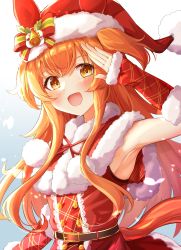 Rule 34 | 1girl, :d, absurdres, animal ears, arm up, blush, brown eyes, brown hair, dress, fur trim, hat, highres, horse girl, horse tail, long hair, looking at viewer, mayano top gun (umamusume), open mouth, red dress, santa hat, simple background, sky cappuccino, sleeveless, sleeveless dress, smile, solo, tail, two side up, umamusume, upper body