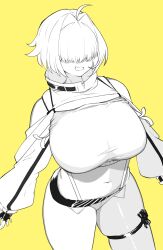 Rule 34 | absurdres, ahoge, breasts, clothing cutout, crop top, cropped sweater, elegg (nikke), exposed pocket, goddess of victory: nikke, greyscale, grin, hair intakes, hair over eyes, highres, huge breasts, itomamaikyo, long bangs, long sleeves, micro shorts, monochrome, navel, short hair, shorts, shoulder cutout, simple background, smile, suspender shorts, suspenders, thigh strap, thighs, yellow background