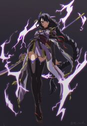 Rule 34 | 1girl, ai roid, armor, black hair, black thighhighs, braid, breasts, closed mouth, electricity, full body, genshin impact, hair ornament, highres, holding, holding polearm, holding weapon, japanese armor, japanese clothes, long hair, looking at viewer, mole, mole under eye, obi, obiage, polearm, purple eyes, purple hair, raiden shogun, sash, simple background, single braid, small breasts, solo, thighhighs, tomoe (symbol), twitter username, very long hair, weapon