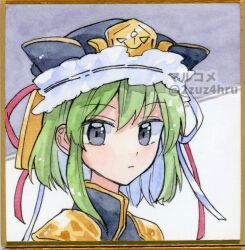Rule 34 | 1girl, 2zuz4hru, blue eyes, blue hat, blue vest, closed mouth, commentary request, epaulettes, frilled hat, frills, green hair, grey background, hat, hat ribbon, looking at viewer, medium hair, painting (medium), red ribbon, ribbon, shiki eiki, solo, touhou, traditional media, vest, watercolor (medium), white background, white ribbon