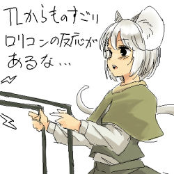 Rule 34 | 1girl, animal ears, blush, female focus, grey hair, lowres, mouse ears, mouse tail, nazrin, open mouth, simple background, solo, tail, touhou, translation request, white background, yudepii